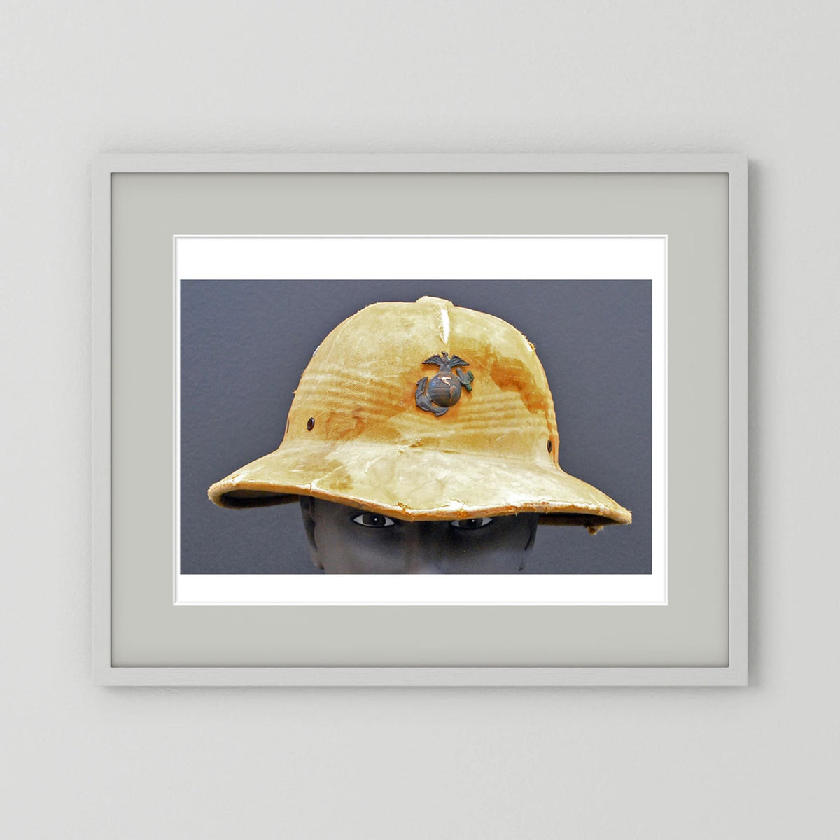 Sun Helmet, USMC, World War Two — photograph displayed in a black wood frame mockup
