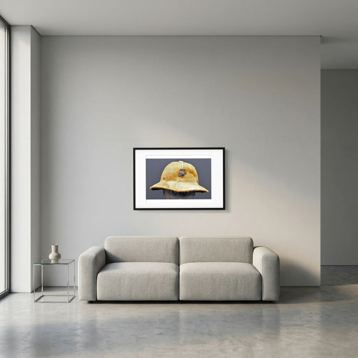 Sun Helmet, USMC, World War Two — photograph displayed in a black wood frame mockup