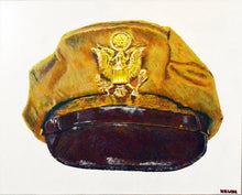 Painting of a USAAF WWII Bancroft Flighter tropical crusher cap with a gold eagle badge, dark brown chinstrap and visor on a white background