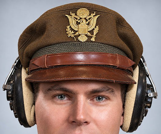 Photograph of US Army Air Force WW2 Crusher Caps with headphones. Temperate Cover