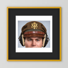 US Army Air Force WW2 Crusher Caps with headphones. Temperate Cover — photograph displayed in a black wood frame mockup