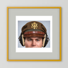US Army Air Force WW2 Crusher Caps with headphones. Temperate Cover — photograph displayed in a black wood frame mockup