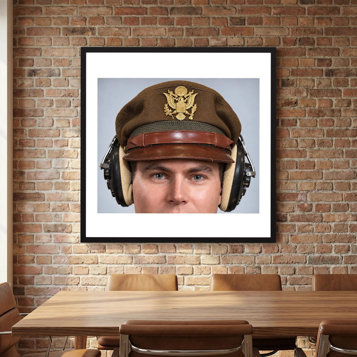 US Army Air Force WW2 Crusher Caps with headphones. Temperate Cover — photograph displayed in a black wood frame mockup