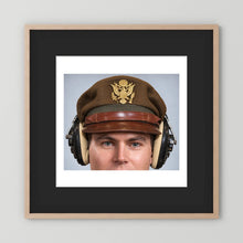 US Army Air Force WW2 Crusher Caps with headphones. Temperate Cover — photograph displayed in a black wood frame mockup