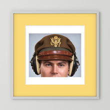 US Army Air Force WW2 Crusher Caps with headphones. Temperate Cover — photograph displayed in a black wood frame mockup