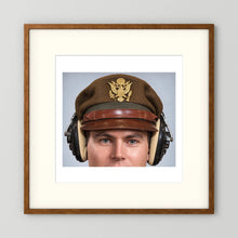US Army Air Force WW2 Crusher Caps with headphones. Temperate Cover — photograph displayed in a black wood frame mockup