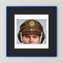 US Army Air Force WW2 Crusher Caps with headphones. Temperate Cover — photograph displayed in a black wood frame mockup