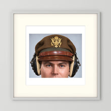 US Army Air Force WW2 Crusher Caps with headphones. Temperate Cover — photograph displayed in a black wood frame mockup