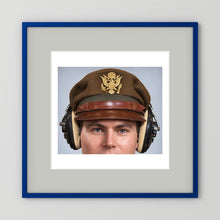 US Army Air Force WW2 Crusher Caps with headphones. Temperate Cover — photograph displayed in a black wood frame mockup