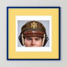 US Army Air Force WW2 Crusher Caps with headphones. Temperate Cover — photograph displayed in a black wood frame mockup