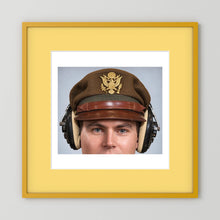 US Army Air Force WW2 Crusher Caps with headphones. Temperate Cover — photograph displayed in a black wood frame mockup