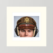 US Army Air Force WW2 Crusher Caps with headphones. Temperate Cover — photograph displayed in a black wood frame mockup