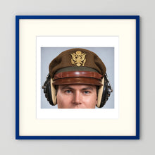 US Army Air Force WW2 Crusher Caps with headphones. Temperate Cover — photograph displayed in a black wood frame mockup