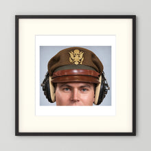 US Army Air Force WW2 Crusher Caps with headphones. Temperate Cover — photograph displayed in a black wood frame mockup