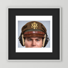 US Army Air Force WW2 Crusher Caps with headphones. Temperate Cover — photograph displayed in a black wood frame mockup