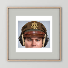 US Army Air Force WW2 Crusher Caps with headphones. Temperate Cover — photograph displayed in a black wood frame mockup