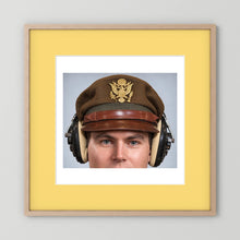 US Army Air Force WW2 Crusher Caps with headphones. Temperate Cover — photograph displayed in a black wood frame mockup