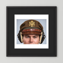 US Army Air Force WW2 Crusher Caps with headphones. Temperate Cover — photograph displayed in a black wood frame mockup