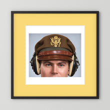 US Army Air Force WW2 Crusher Caps with headphones. Temperate Cover — photograph displayed in a black wood frame mockup