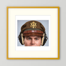 US Army Air Force WW2 Crusher Caps with headphones. Temperate Cover — photograph displayed in a black wood frame mockup