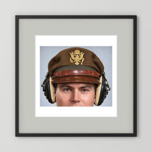 US Army Air Force WW2 Crusher Caps with headphones. Temperate Cover — photograph displayed in a black wood frame mockup