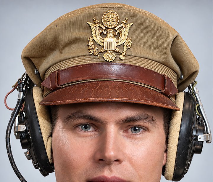 Photograph of US Army Air Force WW2 Crusher Caps with headphones. Tropical Cover