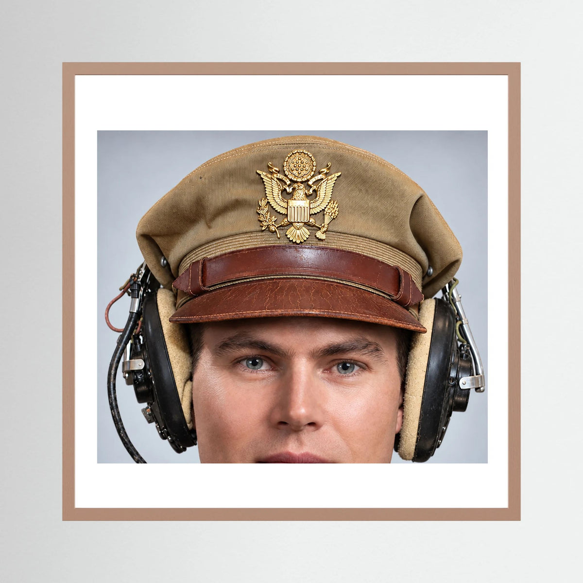 US Army Air Force WW2 Crusher Caps with headphones. Tropical Cover — photograph displayed in a black wood frame mockup
