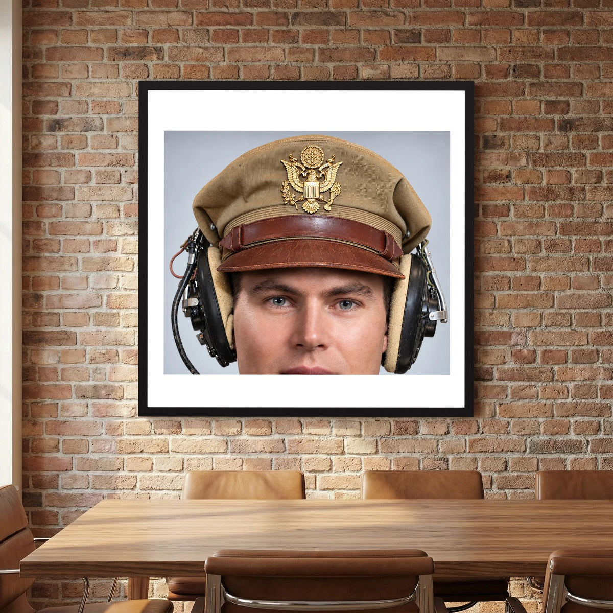 US Army Air Force WW2 Crusher Caps with headphones. Tropical Cover — photograph displayed in a black wood frame mockup