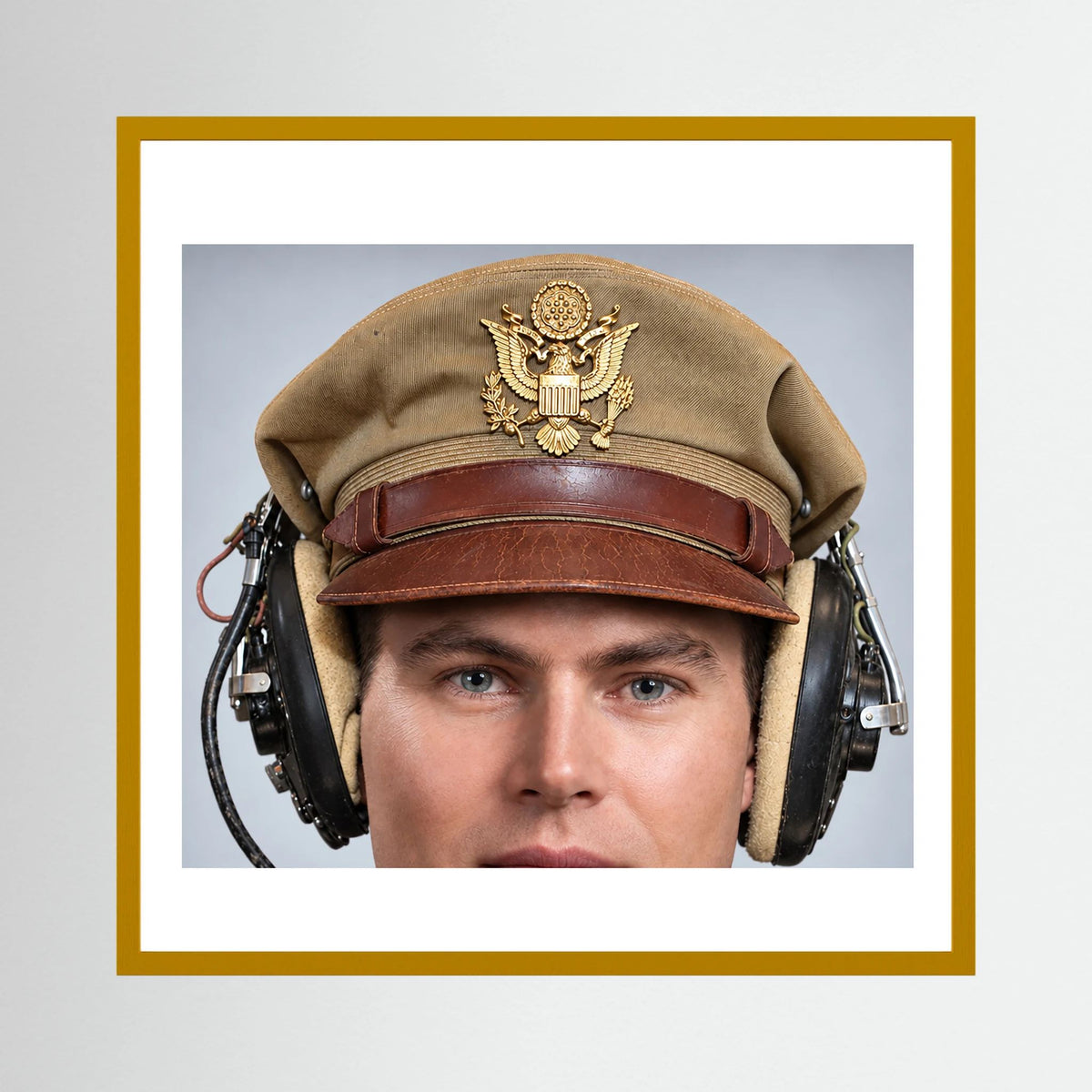 US Army Air Force WW2 Crusher Caps with headphones. Tropical Cover — photograph displayed in a black wood frame mockup