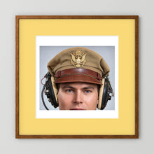 US Army Air Force WW2 Crusher Caps with headphones. Tropical Cover — photograph displayed in a black wood frame mockup