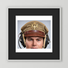 US Army Air Force WW2 Crusher Caps with headphones. Tropical Cover — photograph displayed in a black wood frame mockup