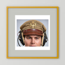 US Army Air Force WW2 Crusher Caps with headphones. Tropical Cover — photograph displayed in a black wood frame mockup