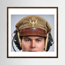 US Army Air Force WW2 Crusher Caps with headphones. Tropical Cover — photograph displayed in a black wood frame mockup