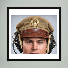 US Army Air Force WW2 Crusher Caps with headphones. Tropical Cover — photograph displayed in a black wood frame mockup