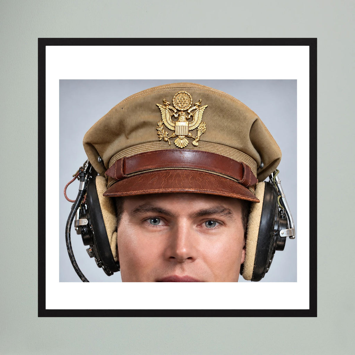 US Army Air Force WW2 Crusher Caps with headphones. Tropical Cover — photograph displayed in a black wood frame mockup