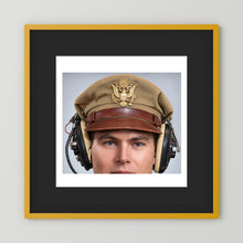 US Army Air Force WW2 Crusher Caps with headphones. Tropical Cover — photograph displayed in a black wood frame mockup