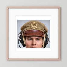US Army Air Force WW2 Crusher Caps with headphones. Tropical Cover — photograph displayed in a black wood frame mockup