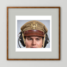 US Army Air Force WW2 Crusher Caps with headphones. Tropical Cover — photograph displayed in a black wood frame mockup