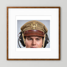 US Army Air Force WW2 Crusher Caps with headphones. Tropical Cover — photograph displayed in a black wood frame mockup