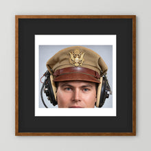 US Army Air Force WW2 Crusher Caps with headphones. Tropical Cover — photograph displayed in a black wood frame mockup