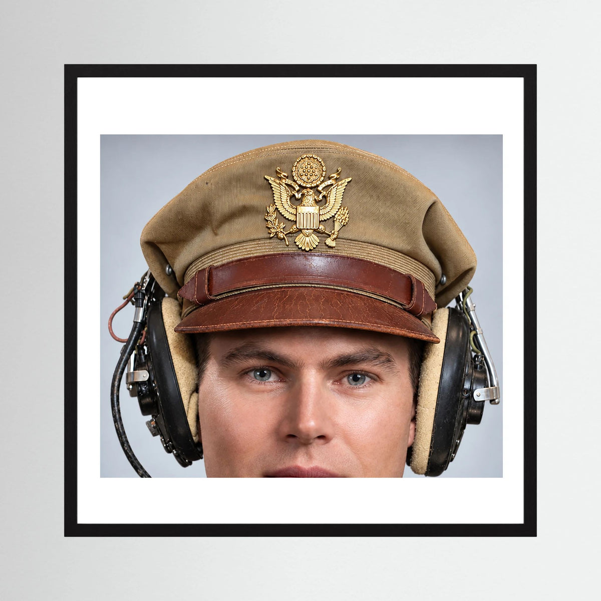 US Army Air Force WW2 Crusher Caps with headphones. Tropical Cover — photograph displayed in a black wood frame mockup