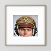 US Army Air Force WW2 Crusher Caps with headphones. Tropical Cover — photograph displayed in a black wood frame mockup