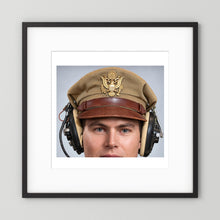 US Army Air Force WW2 Crusher Caps with headphones. Tropical Cover — photograph displayed in a black wood frame mockup