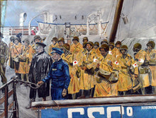 Painting of US Army nurses aboard a ship during WWII disembarkation, wearing helmets and yellow coats with Red Cross armbands.