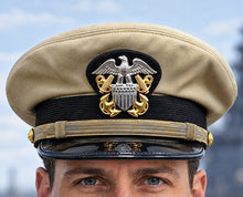 Photograph of US Navy Officer WW2 Khaki Combination Visor Cap