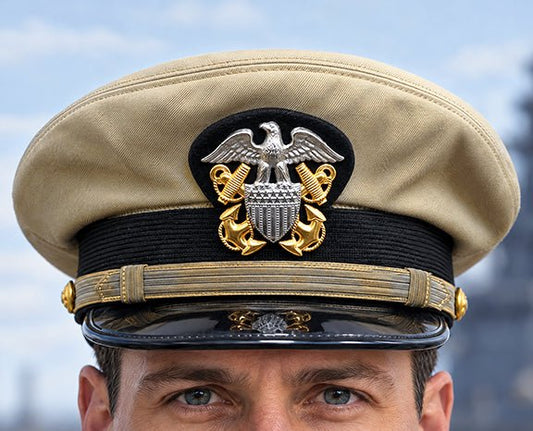 Photograph of US Navy Officer WW2 Khaki Combination Visor Cap