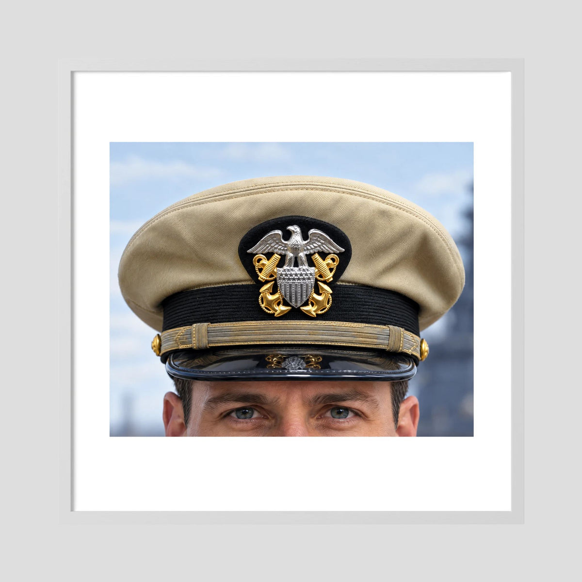 US Navy Officer WW2 Khaki Combination Visor Cap — photograph presentation mockup