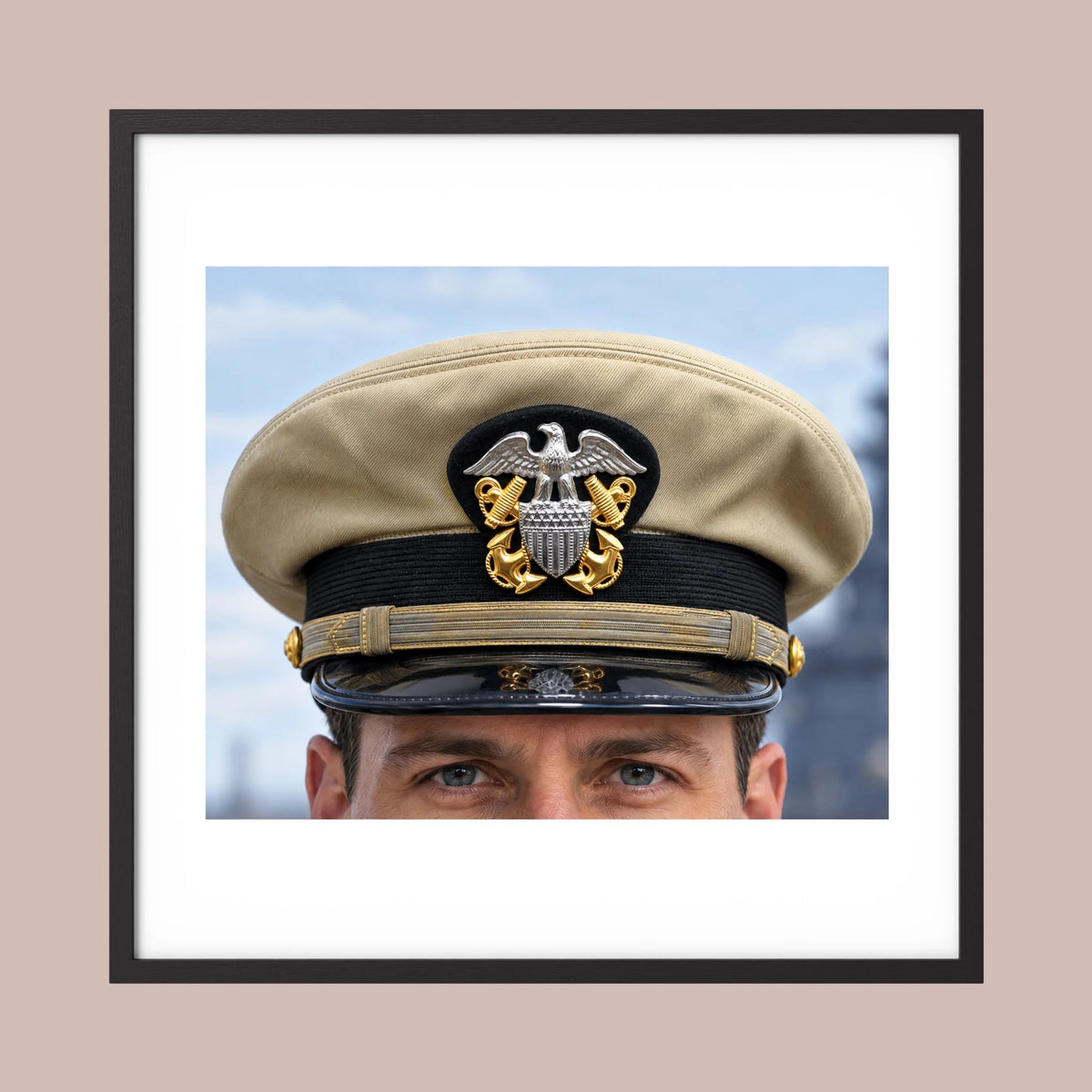 US Navy Officer WW2 Khaki Combination Visor Cap — photograph presentation mockup