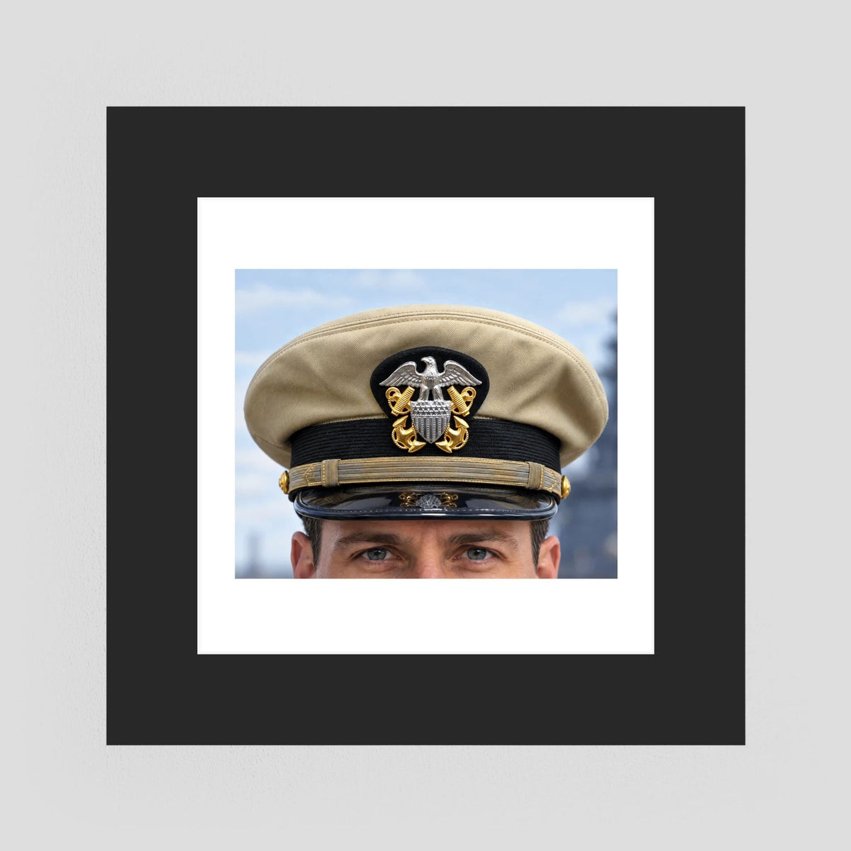 US Navy Officer WW2 Khaki Combination Visor Cap — photograph presentation mockup