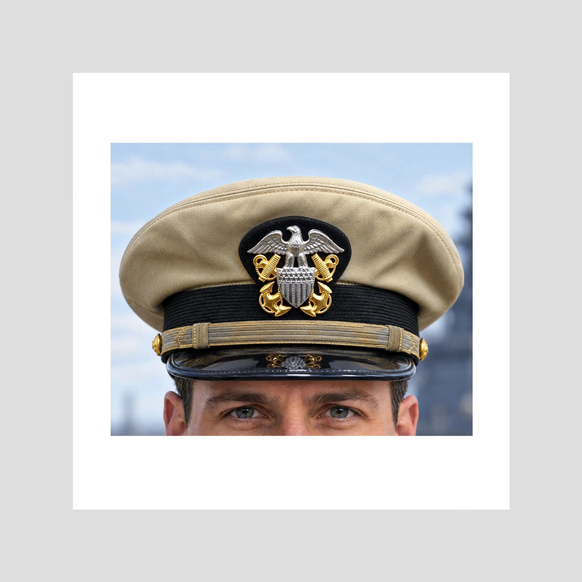 US Navy Officer WW2 Khaki Combination Visor Cap — photograph presentation mockup